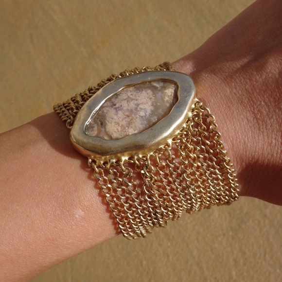 Chico's Gold Cable Chain & Picture Jasper Gemstone Big Boho Chic Toggle Bracelet - Picture 3 of 9